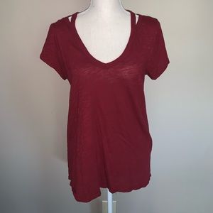 Red v-neck shirt sleeve